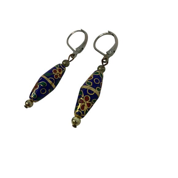 Unbranded Cloisonne Blue Flower Gold Tone Trim Dangle Drop Earrings - Picture 2 of 3